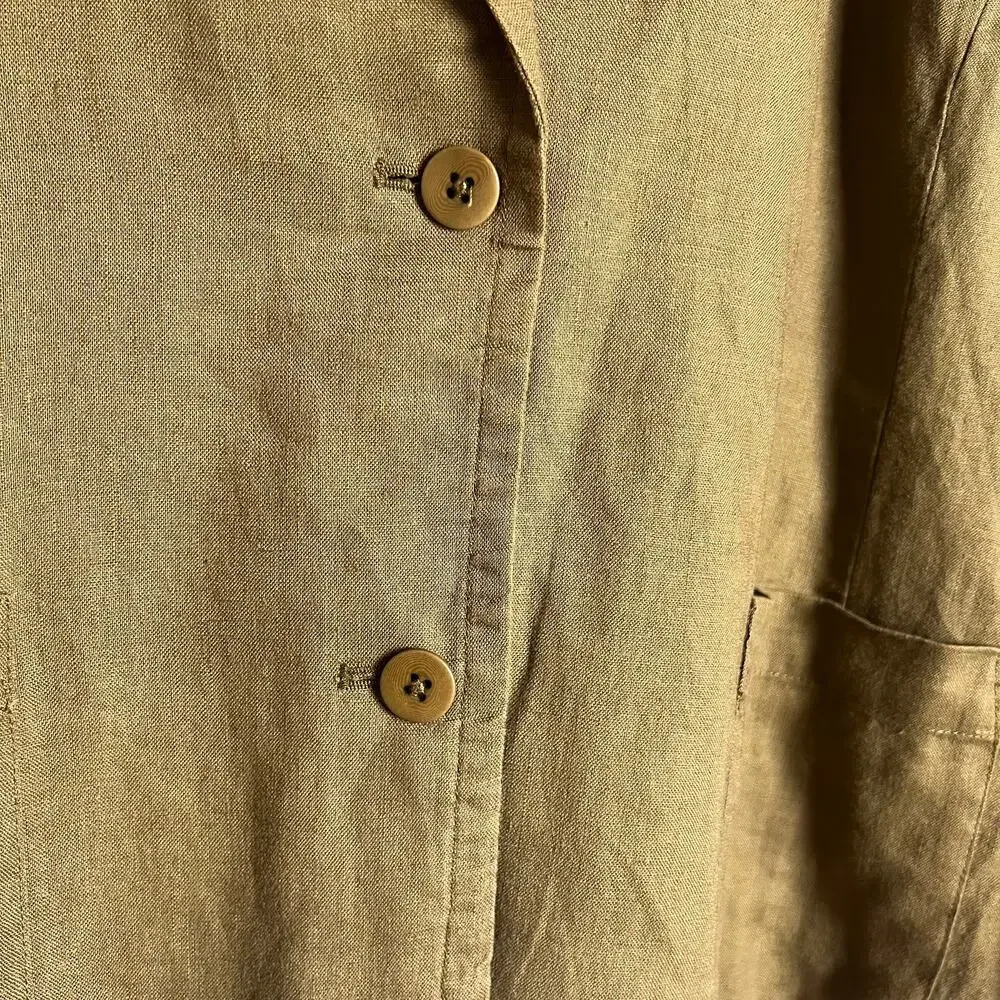 Eileen Fisher Organic Linen Olive Green Notch Collar Blazer Jacket Size XL